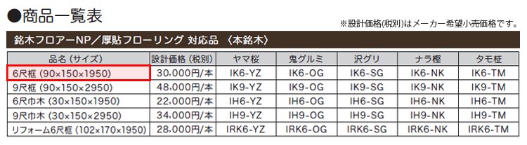銘木フロアーNP対応　框・巾木　商品一覧