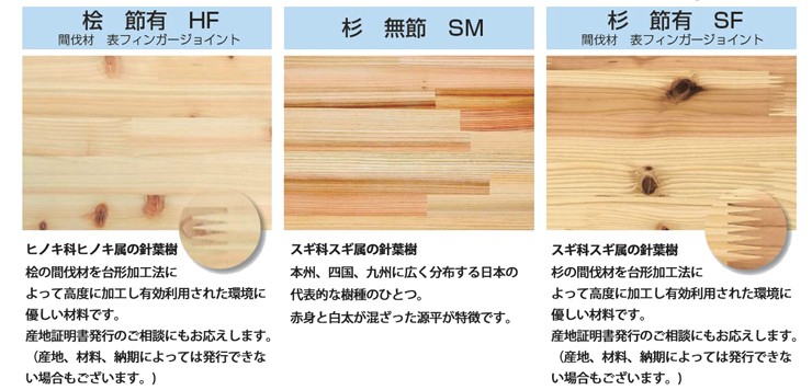 桧 節有・杉 無節・杉 節有