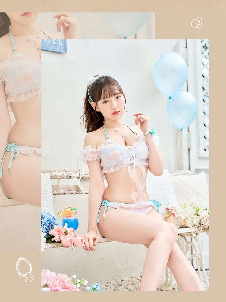 正規品]【あすつく】ビキニ 水着 ライトブルー ピンク チェック