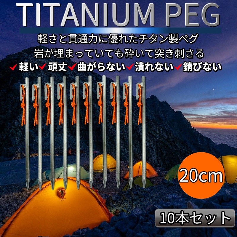 ペグ 10本セット 20cm 反射ロープ付 パラコード キャンプ テント タープ