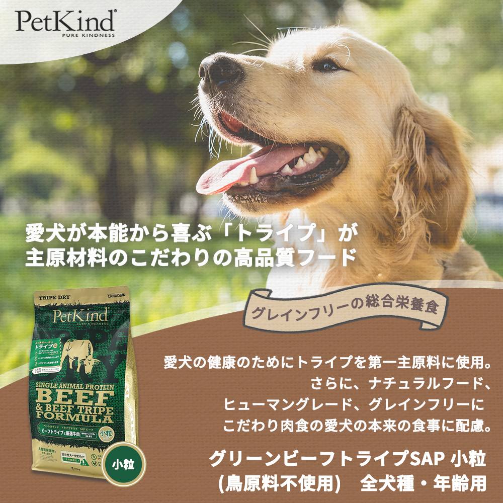 ペットカインド　PetKind ビーフ & ビーフトライプ 小粒 11．34キロ ペットカインド（PetKind） トライプドライ グリーンビーフトライプSAP