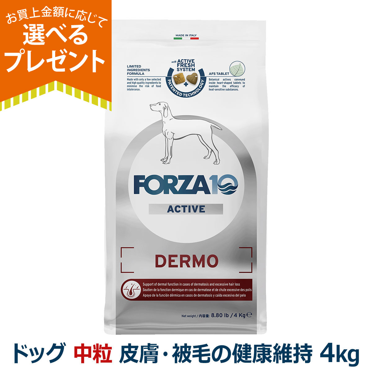 (選べるプレゼント付き)フォルツァ10 FORZA10 デルモアクティブ ミディアム 中粒 4.0kg 犬 フォルツァ10 皮膚被毛の健康維持 食事療法食
