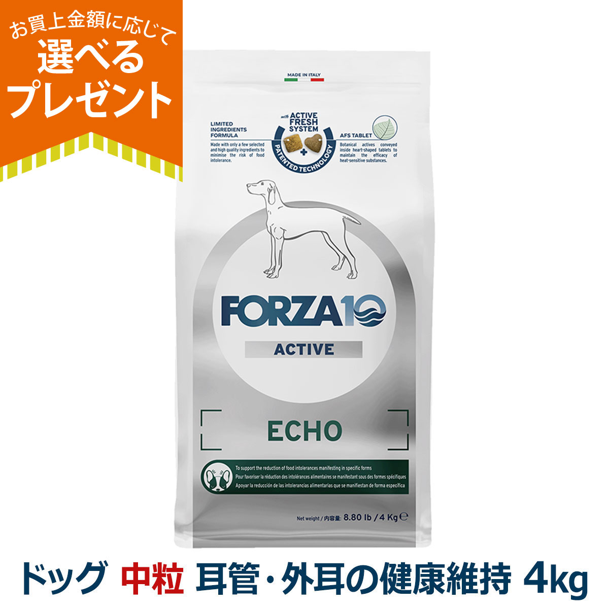 (選べるプレゼント付き)フォルツァ10 FORZA10 エコーアクティブ ミディアム 中粒 4.0kg 犬 フォルツァ10 耳管・外耳の健康維持 食事療法食 ニオイ