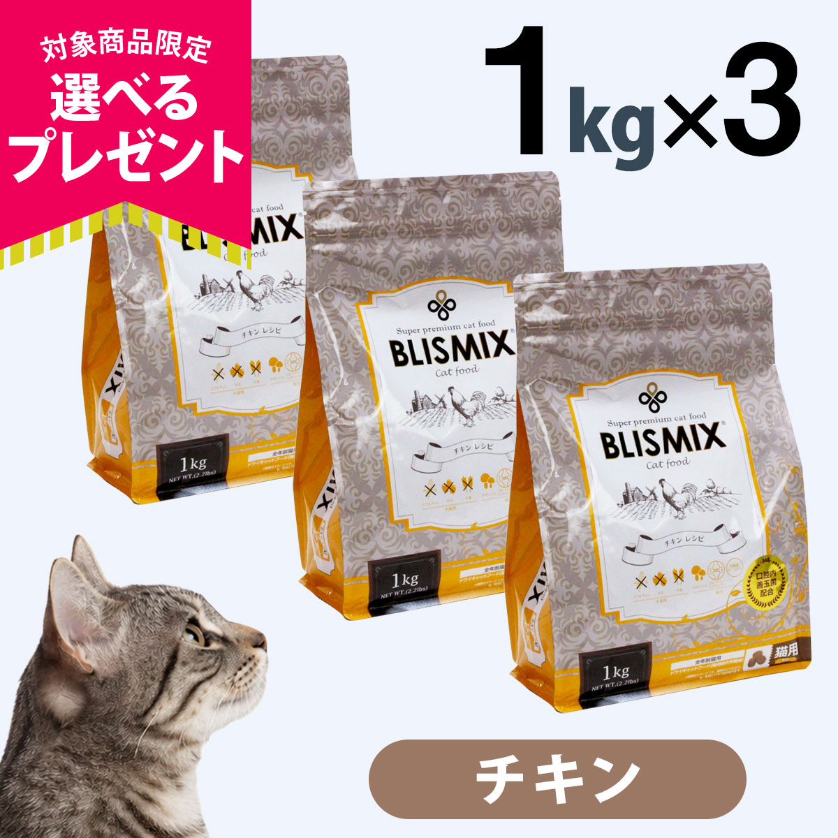 (選べるプレゼント付き)ブリスミックス 猫用チキン 1kg×3個セット キャットフード アレルギー対応 口腔内善玉菌K12配合