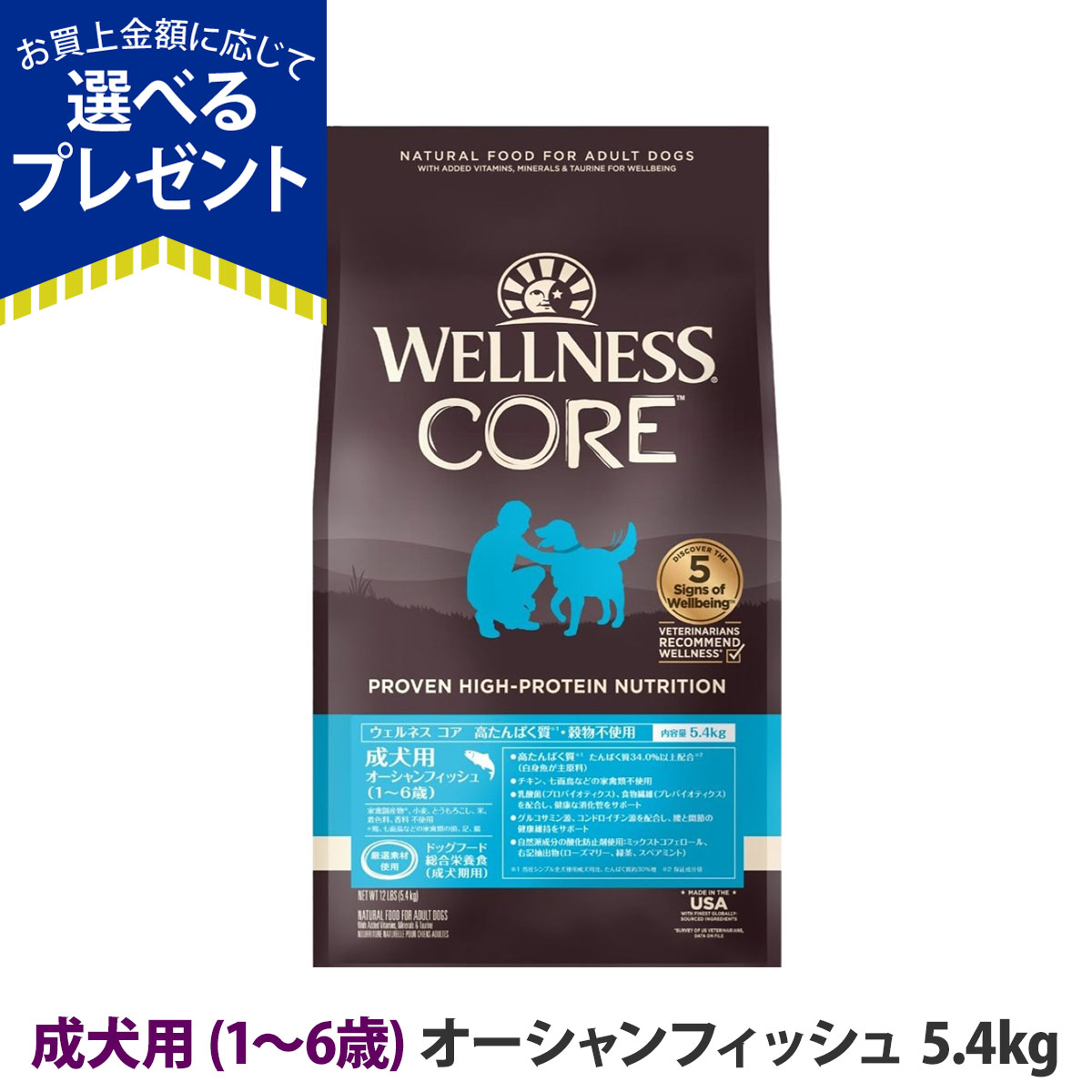 ウェルネスコア 高たんぱく質・穀物不使用 成犬用 (1〜6歳) オーシャンフィッシュ 5.4kg グレインフリー ドッグフード ドライ 犬 乳酸菌