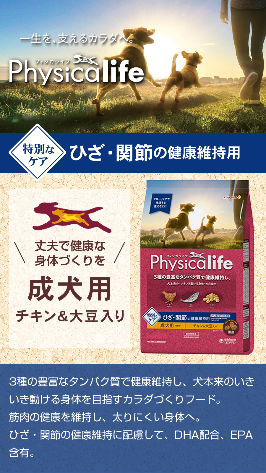 フィジカライフ Physicalife 成犬用 ひざ関節の健康維持用 800g（400g×2袋の小分けパック）ドッグフード ドックフード 鶏 DHA EPA｜dogparadise｜02