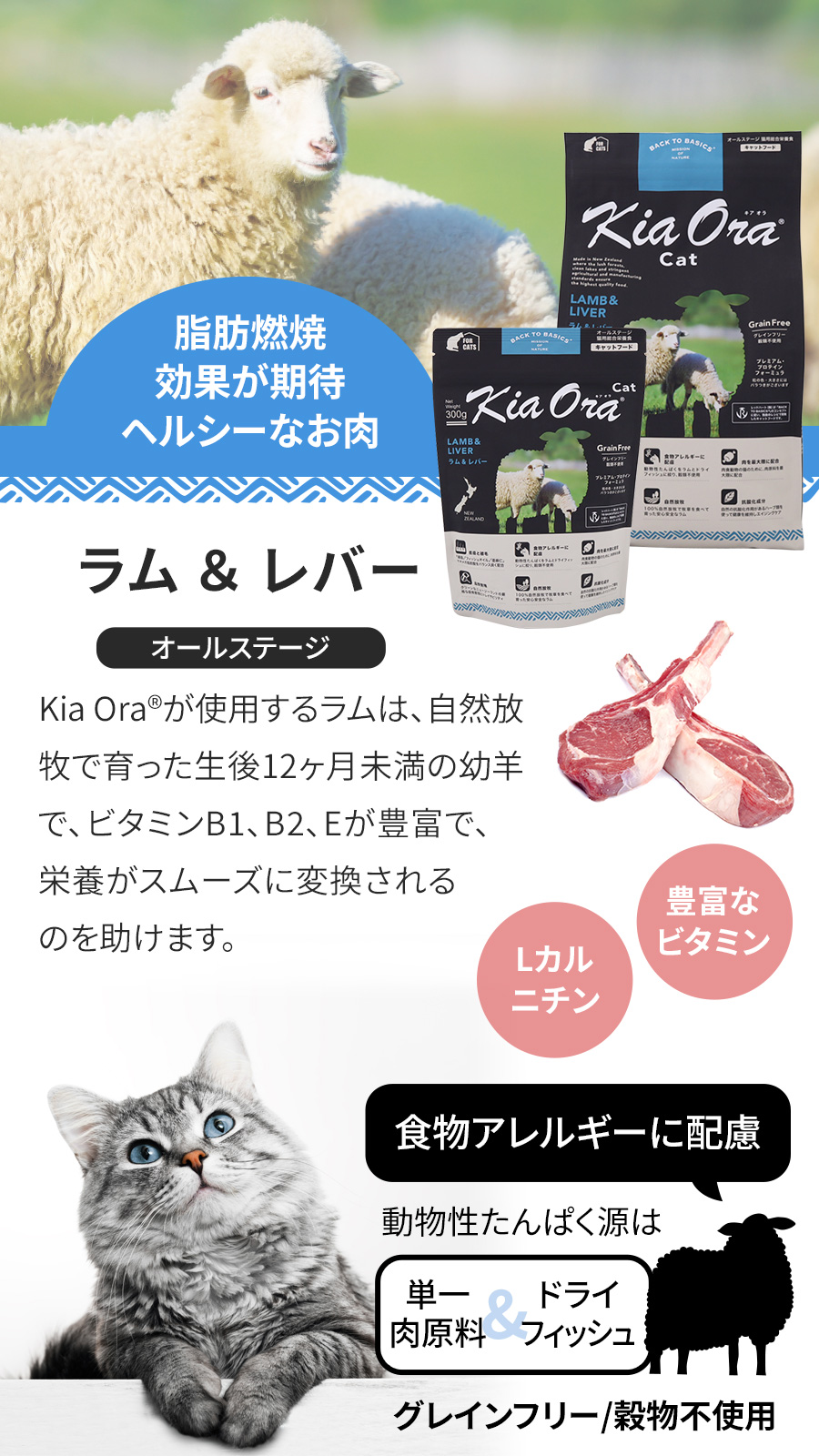 キアオラ KiaOra キャットフード ラム&レバー 2.7kg＋ph13.2強アルカリ電解水100ml 猫 グレインフリー 穀物不使用 全年齢_2