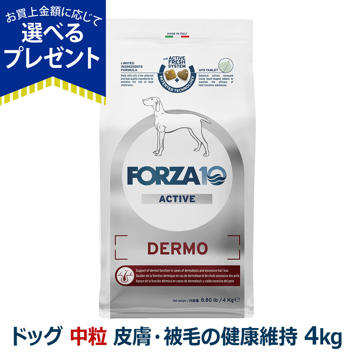 (選べるプレゼント付き)フォルツァ10 FORZA10 デルモアクティブ ミディアム 中粒 4.0kg 犬 フォルツァ10 皮膚被毛の健康維持 食事療法食