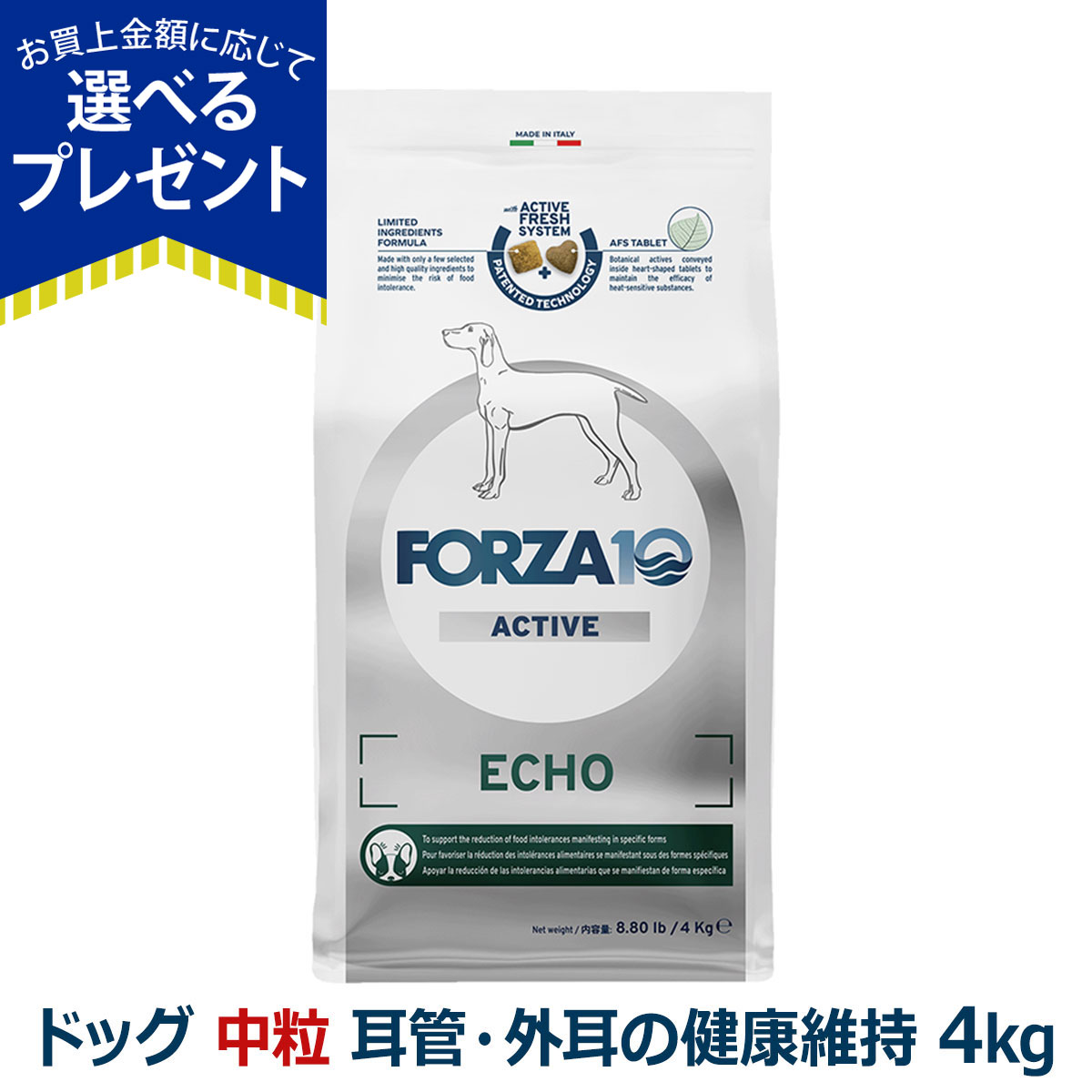 (選べるプレゼント付き)フォルツァ10 FORZA10 エコーアクティブ ミディアム 中粒 4.0kg 犬 フォルツァ10 耳管・外耳の健康維持 食事療法食 ニオイ