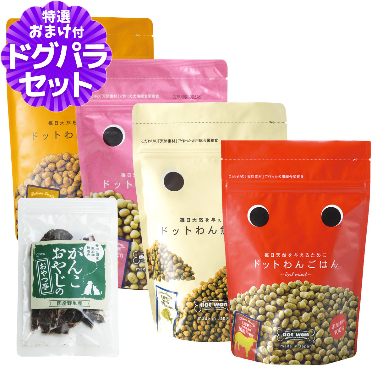 ドットわん ドッグフード ドットわんごはん 4種 各1袋+国産鹿肉ジャーキー(お試しサイズ)