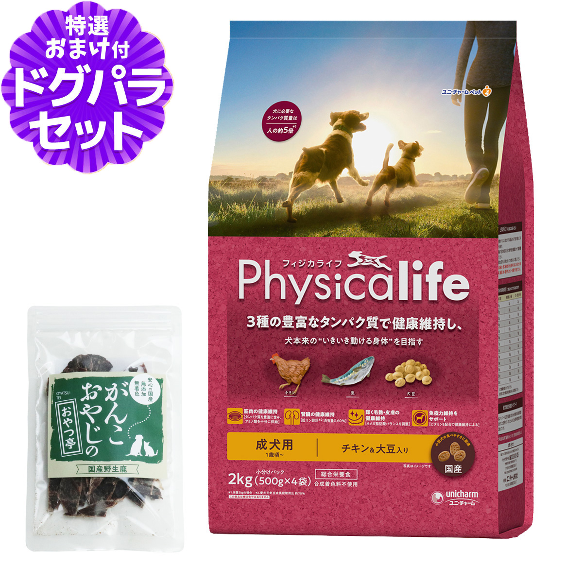 フィジカライフ (Physicalife) 成犬用 チキン＆大豆入り 2kg＋国産鹿肉ジャーキー(お試しサイズ)｜dogparadise