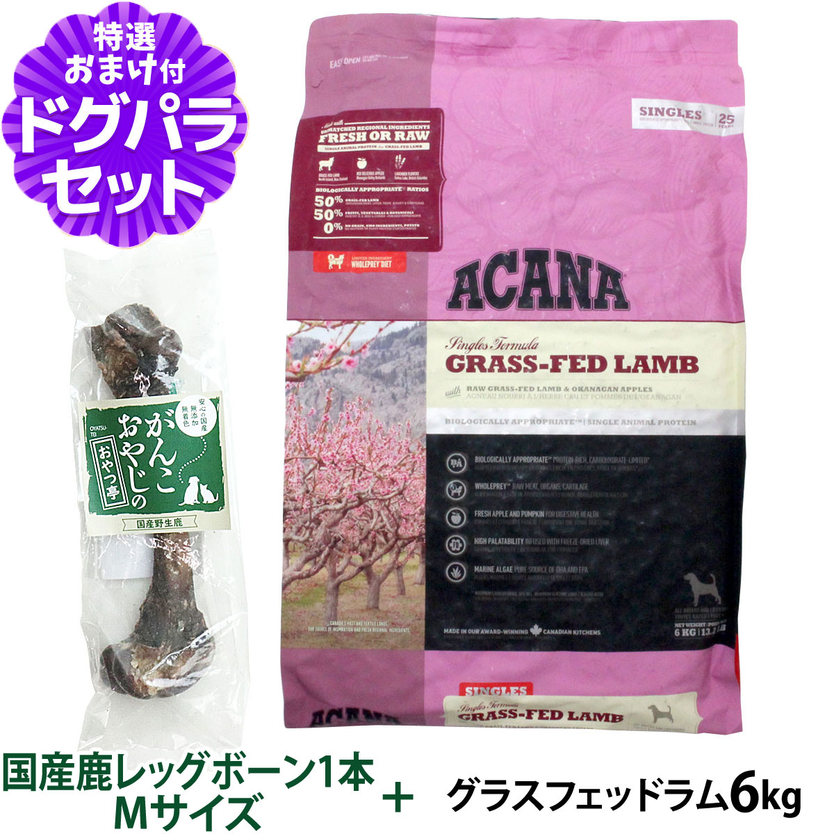 【順次、パッケージ・原材料・成分を変更】アカナ グラスフェッドラム 6kg+国産鹿レッグボーン 1本Mサイズ ドッグフード 全犬種 全年齢用