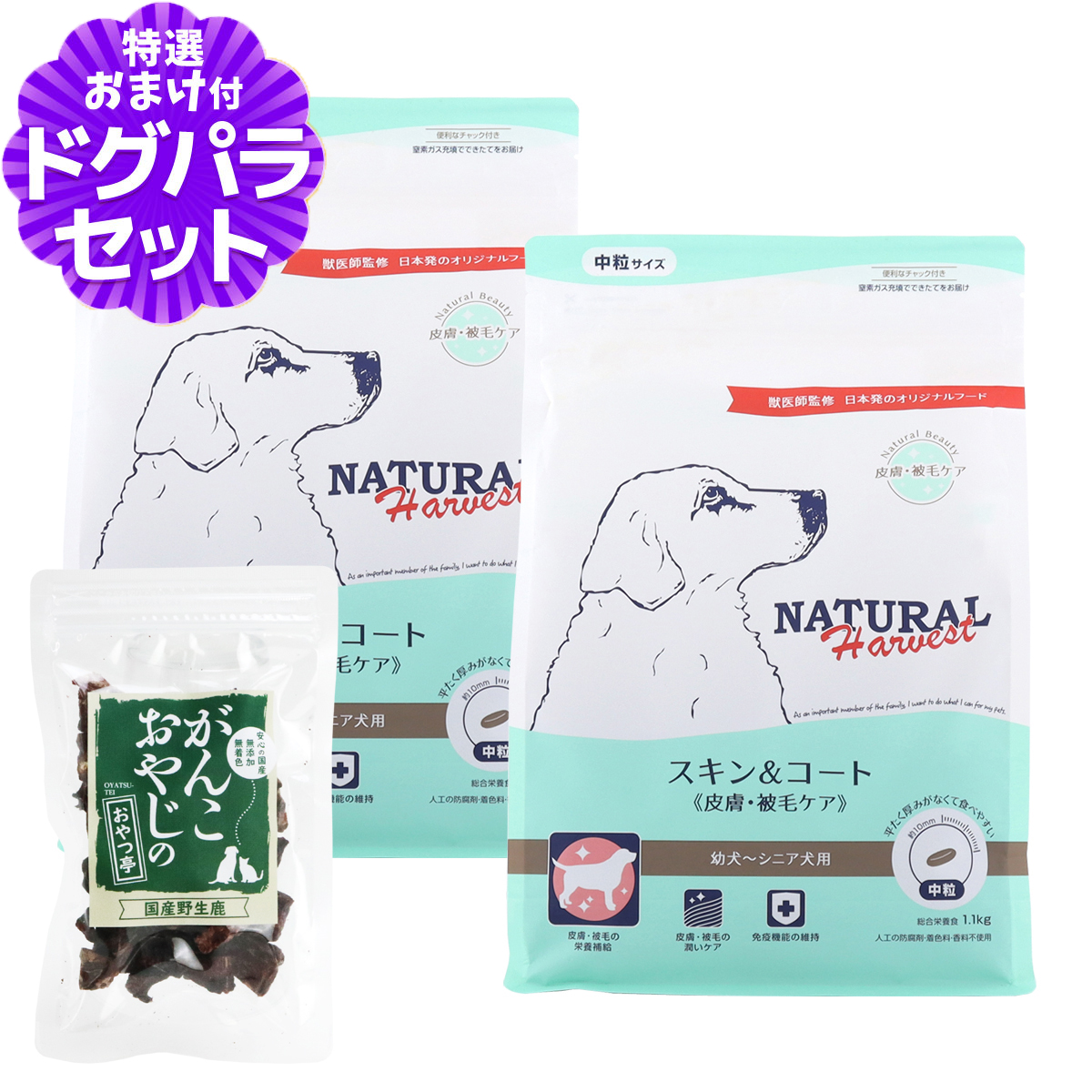 （順次パッケージ変更）ナチュラルハーベスト スキン＆コート 皮膚・被毛ケア 1.1kg×2袋＋国産鹿ラング(お試しサイズ)