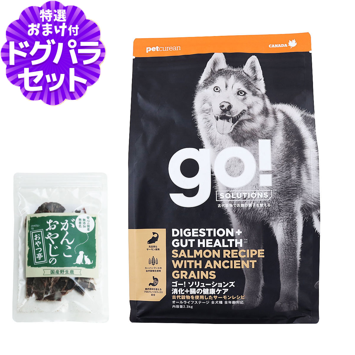 Yahoo! Yahoo!ショッピング(ヤフー ショッピング)GO! ゴー 消化+腸の健康ケア 古代穀物 サーモン 2.3kg＋国産鹿肉ジャーキー（お試しサイズ）  犬 ドッグ フード ドック 消化