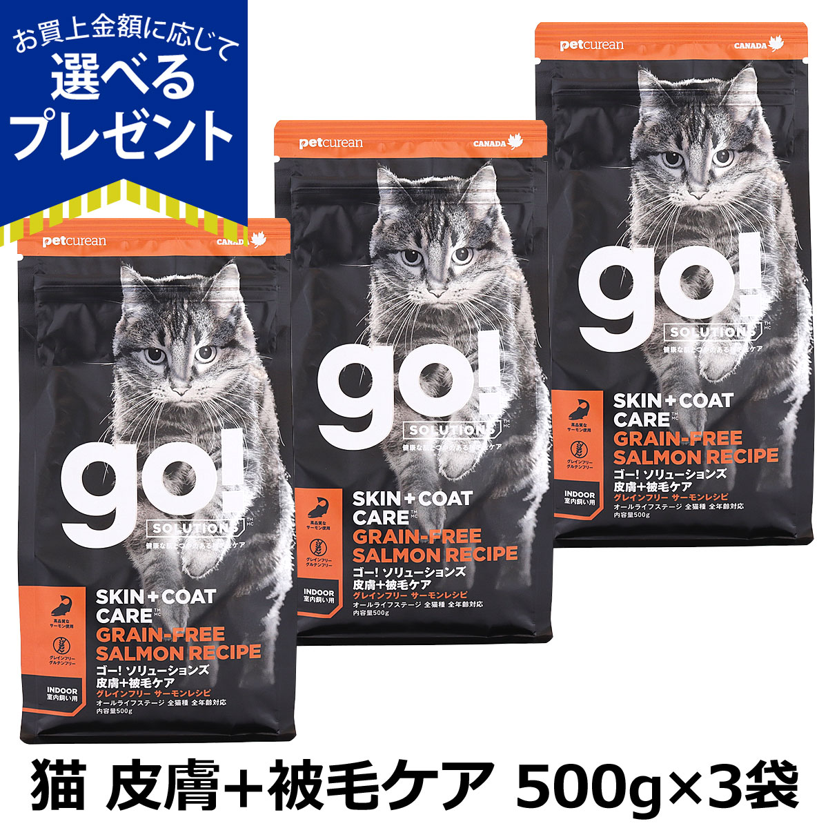 (選べるプレゼント付き)GO! ゴー ソリューションズ キャット 皮膚+被毛ケア サーモン 500g×3袋 猫 ドライ フード グレインフリー オメガ脂肪酸 下部尿路