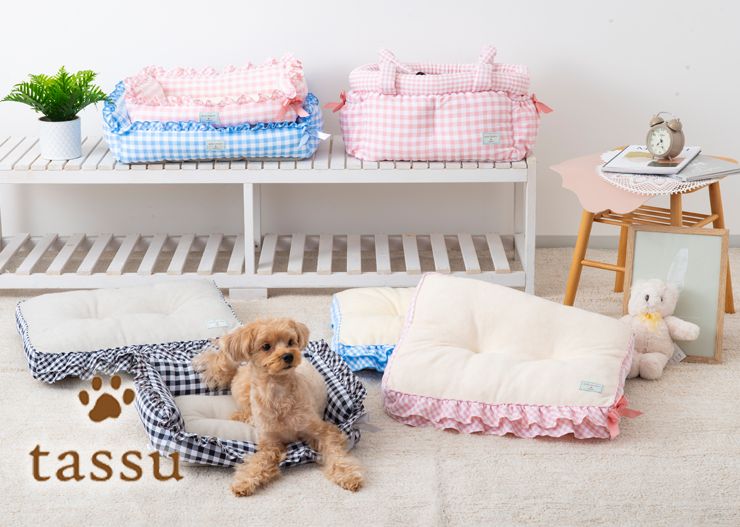 スクエアベッドL 58×44×18cm ギンガムチェック ペットベッド tassu