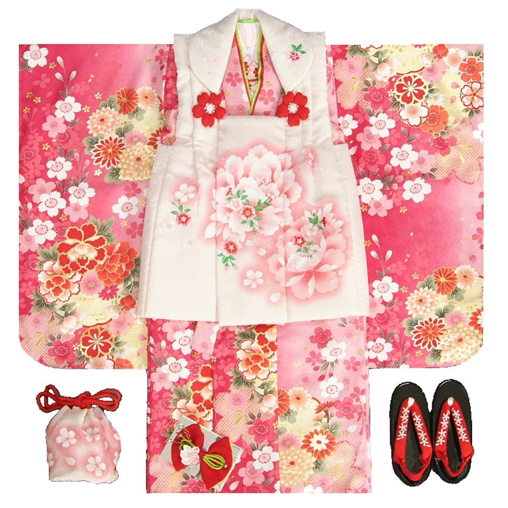 七五三 着物 3歳 女の子 被布セット 京都花ひめ 白地着物 被布ピンク 