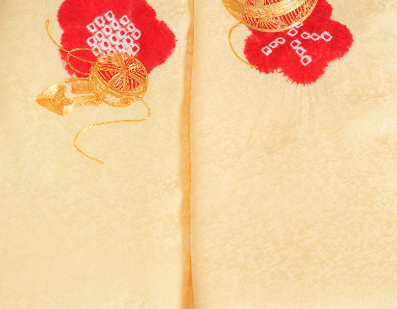 京美 七五三 正絹 被布 着物 3歳 黄色 本梅絞り 金駒刺繍まり ひな祭り