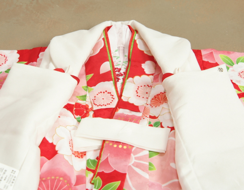 七五三 着物 3歳 女の子 被布セット 京都花ひめ 赤地着物 被布白刺繍 