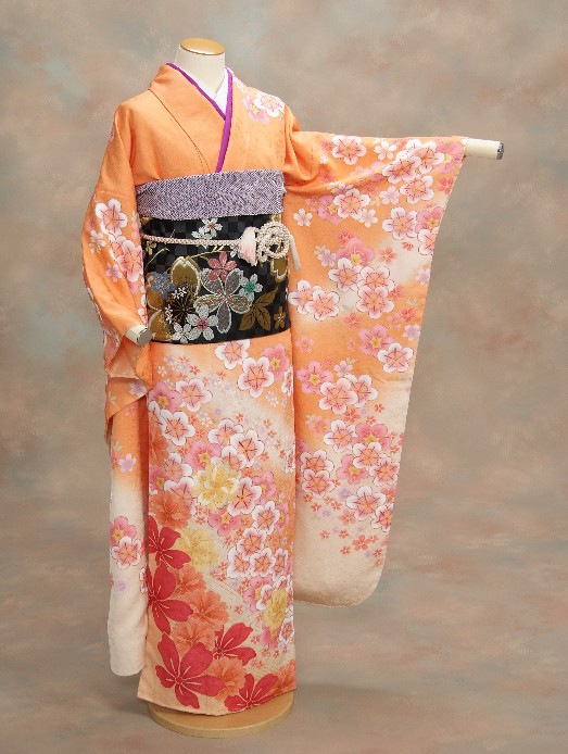 正絹振袖仕立て上がり 成人式 オレンジ ピンク桜 和小物セット付 :kf 