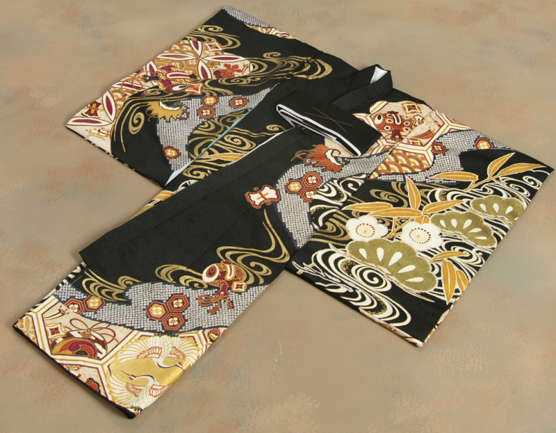 京美 お宮参り 着物 男の子 赤ちゃん 絹100％ 正絹初着 黒色 亀甲向鶴