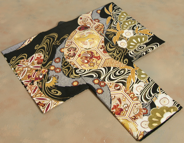 京美 お宮参り 着物 男の子 赤ちゃん 絹100％ 正絹初着 黒色 亀甲向鶴