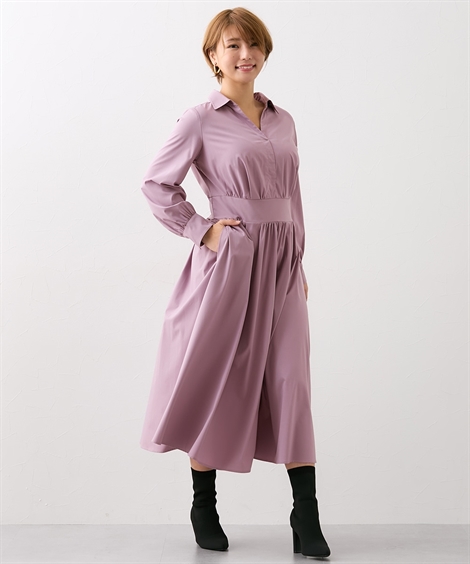 ワンピース M L LL 3L ニッセン 【大きい胸専用】 ウエストマークできる シャツワンピース (脇ファスナー仕様 ポケット付) 女性 レディース  ワンピース くびれ