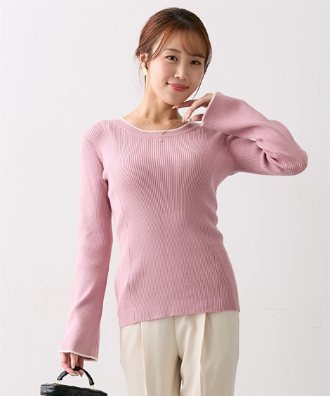 トップス M L LL 3L ニッセン 【大きい胸専用】 配色フレアスリーブ パネルニット 女性 レディース ニット フェミニン カジュアル リブ リブニット 長袖 可愛い ニッセン トップス M L LL 3L 【大きい胸専用】 配色フレア