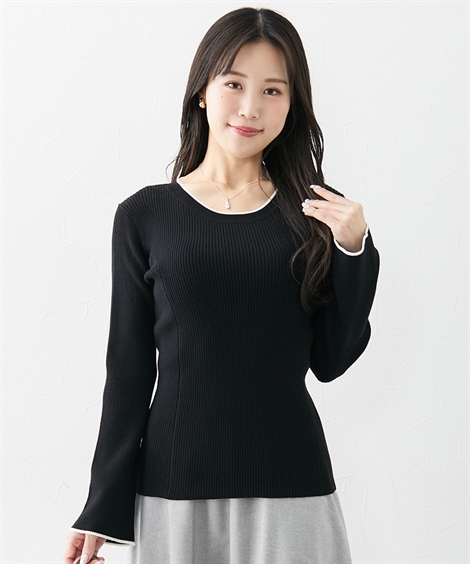 トップス M L LL 3L ニッセン 【大きい胸専用】 配色フレアスリーブ パネルニット 女性 レディース ニット フェミニン カジュアル リブ リブニット 長袖 可愛い ニッセン トップス M L LL 3L 【大きい胸専用】 配色フレア