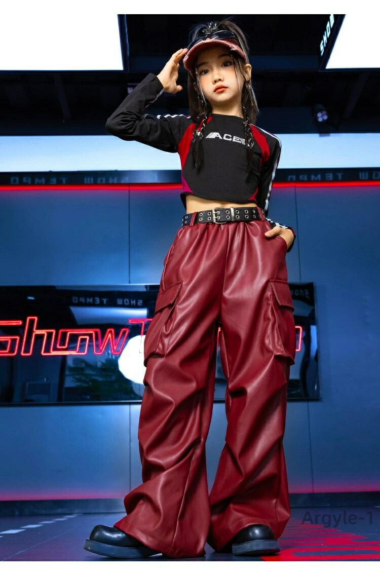 ダンス衣装 PU レザー カーゴパンツ ワインレッド 黒 長袖Tシャツ