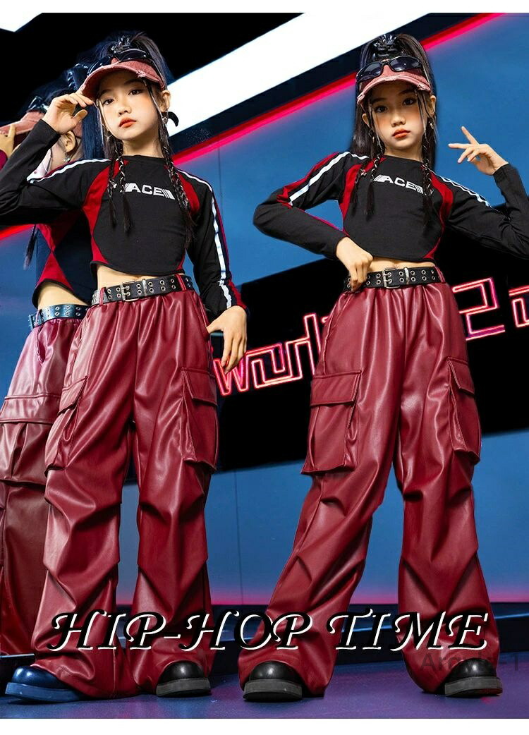 ダンス衣装 PU レザー カーゴパンツ ワインレッド 黒 長袖Tシャツ