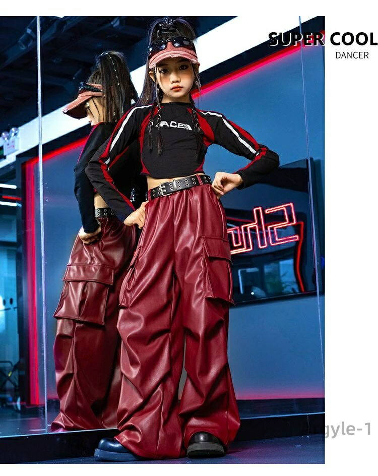 ダンス衣装 PU レザー カーゴパンツ ワインレッド 黒 長袖Tシャツ