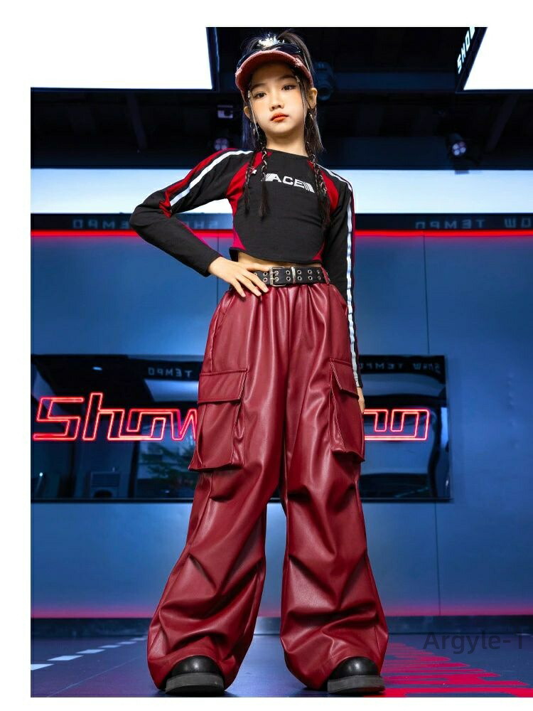 ダンス衣装 PU レザー カーゴパンツ ワインレッド 黒 長袖Tシャツ
