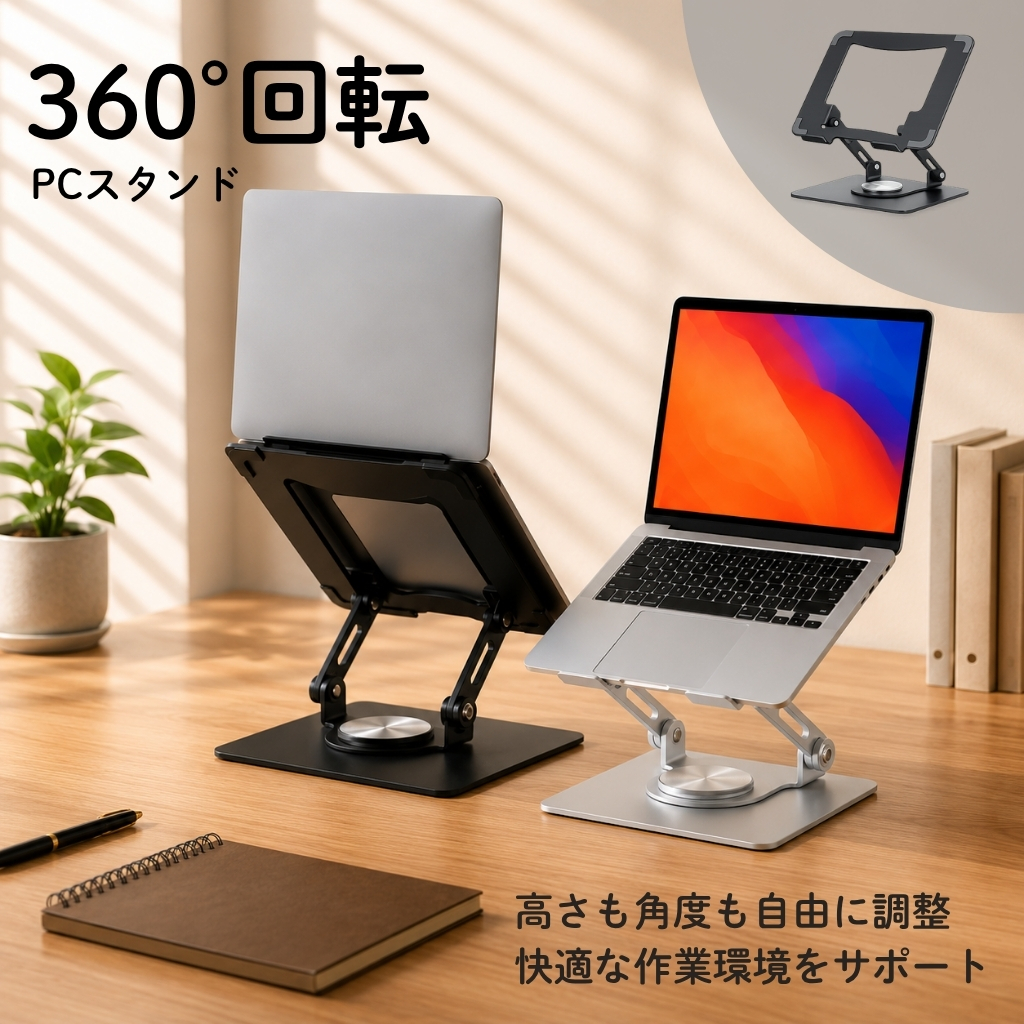 ノートパソコンスタンド 360°回転 折りたたみ 自由調整 角度調整 高さ調整  アルミ ゲーミング テレワーク タブレットスタンド 姿勢改善 冷却 爆買 |  | 02