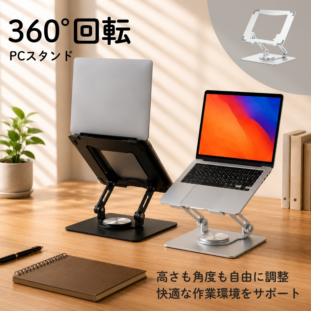 ノートパソコンスタンド 360°回転 折りたたみ 自由調整 角度調整 高さ調整  アルミ ゲーミング テレワーク タブレットスタンド 姿勢改善 冷却 爆買 |  | 01