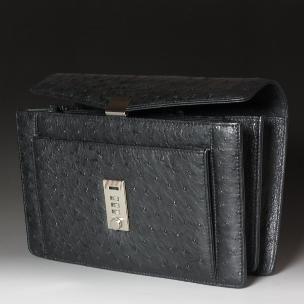 本革 オーストリッチ セカンドバッグ 横幅26.5cm ブラック すっきりとしたスタイル 黒 送料無料