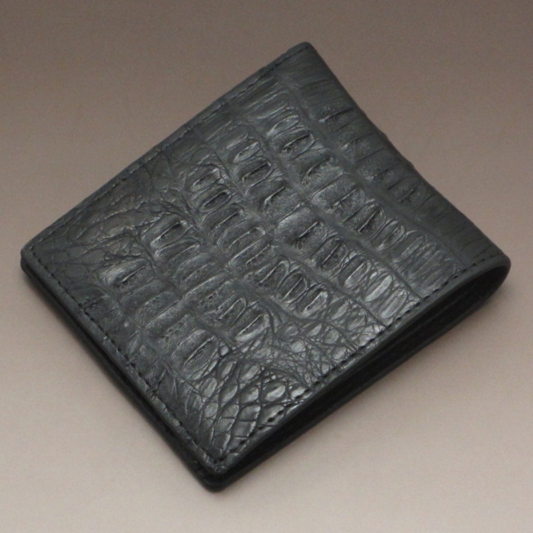 【現品発送】新品 本革 カイマンクロコダイル 2つ折り財布 ブラック 小銭入れあり 財布 黒 002