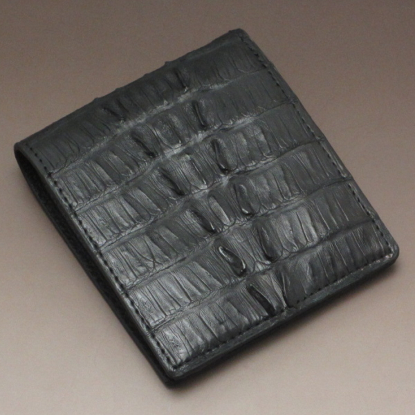 【現品発送】新品 本革 カイマンクロコダイル 2つ折り財布 ブラック 小銭入れあり 財布 黒 002