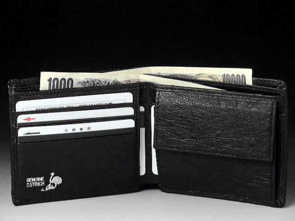 本革 オーストリッチ 二つ折り財布 一枚革 ブラック 財布 黒