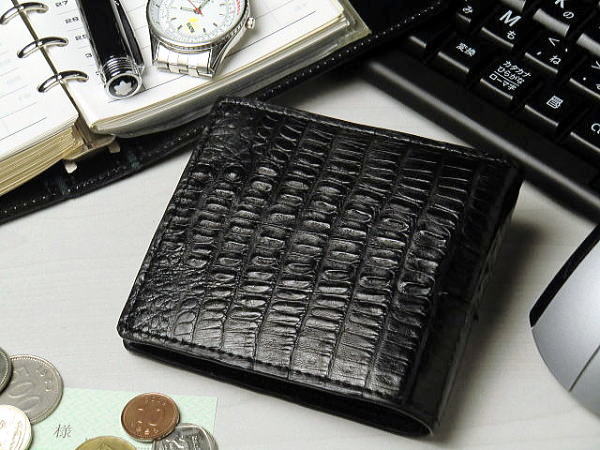 財布 本革 カイマンクロコダイル 二つ折り財布 ブラック 黒 : ダブル 