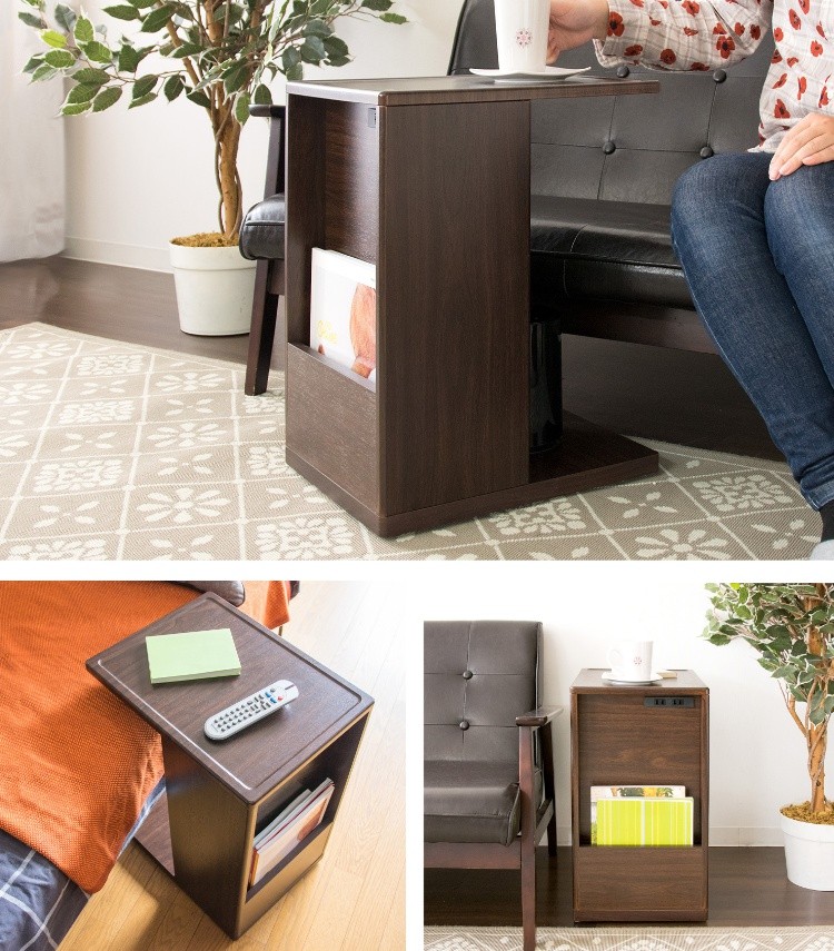 ダークブラウン サイドテーブル 電源コード付き キャスター付き ダークブラウン サイドテーブル 電源コード付き ナイトテーブル