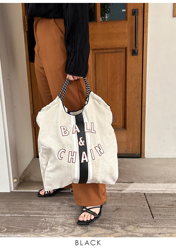 【即納】 Ball＆Chain ボールアンドチェーン LINE Mサイズ レディース バッグ BLUE LABEL ショッピングバッグ エコバッグ  リネン 麻 ショルダー 刺繍