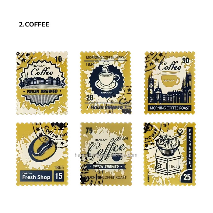 コースター 切手風 6枚入り スタンプ レトロ デザインコースター スタンド付き ユニーク 洗える キッチン雑貨 おしゃれ プレゼント カフェ バー ダブルスリー | ブランド登録なし | 02