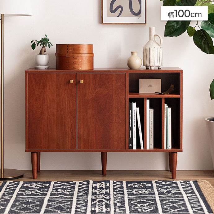 キャビネット サイドボード スリム 収納 収納棚 扉付き 本棚付き オープン収納 A4 幅100 奥行30 高さ70 脚付き ロータイプ 木製 リビング 省スペース おしゃれ