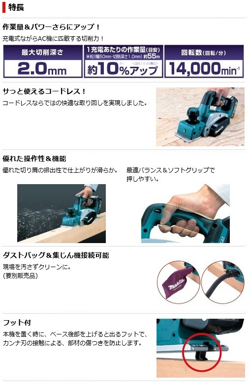 マキタ（makita） 18V 82mm充電式カンナ KP180DZ 替刃式 本体のみ 