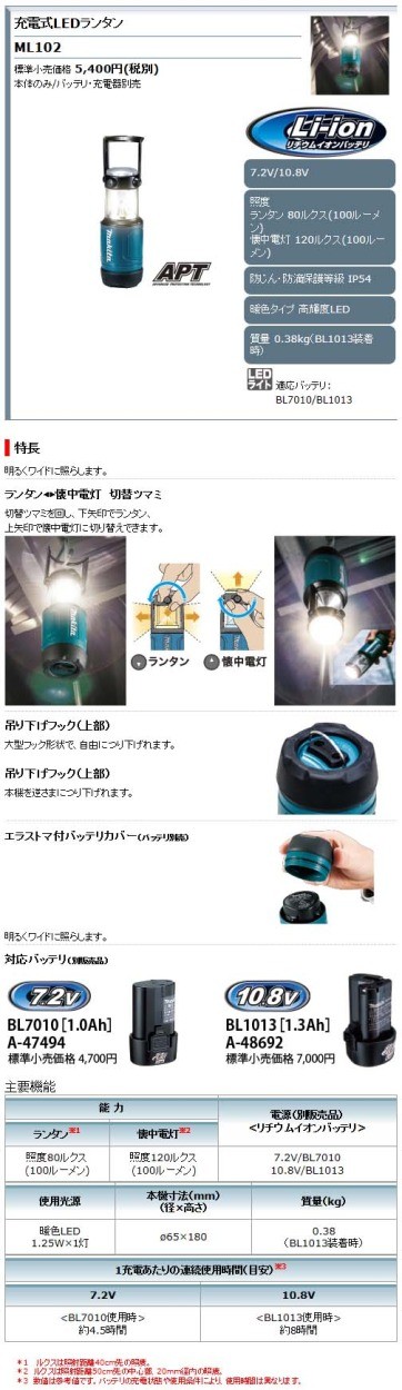 マキタ（makita） マキタ7.2V・10.8V 充電式LEDランタンML102 : どうぐ