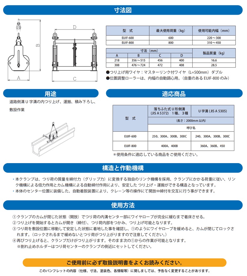 【直送品】 イーグル・クランプ U字溝用 内つりクランプ EUIF-600 (220〜300) (000000003879) 《コンクリート二次製品用クランプ》｜douguyasan｜03