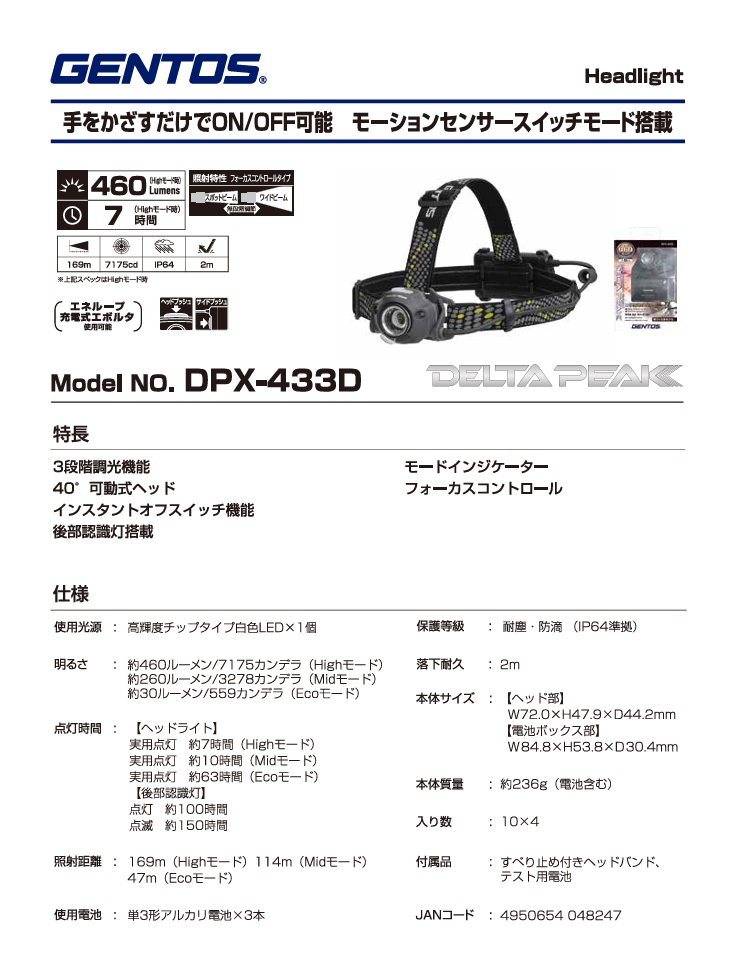 ジェントス (GENTOS) デルタピーク モーションセンサーヘッドライト DPX-433D｜douguyasan｜02
