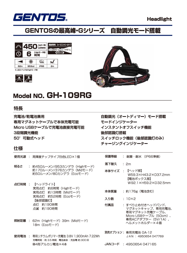 ジェントス (GENTOS) Gシリーズ 自動調光ヘッドライトハイブリッド GH-109RG｜douguyasan｜02