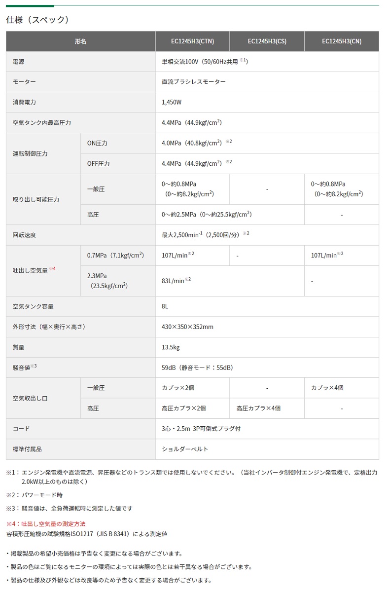 日本製送料無料 HiKOKI 釘打機用エアコンプレッサ EC1245H3 (CTN) (57501302)
